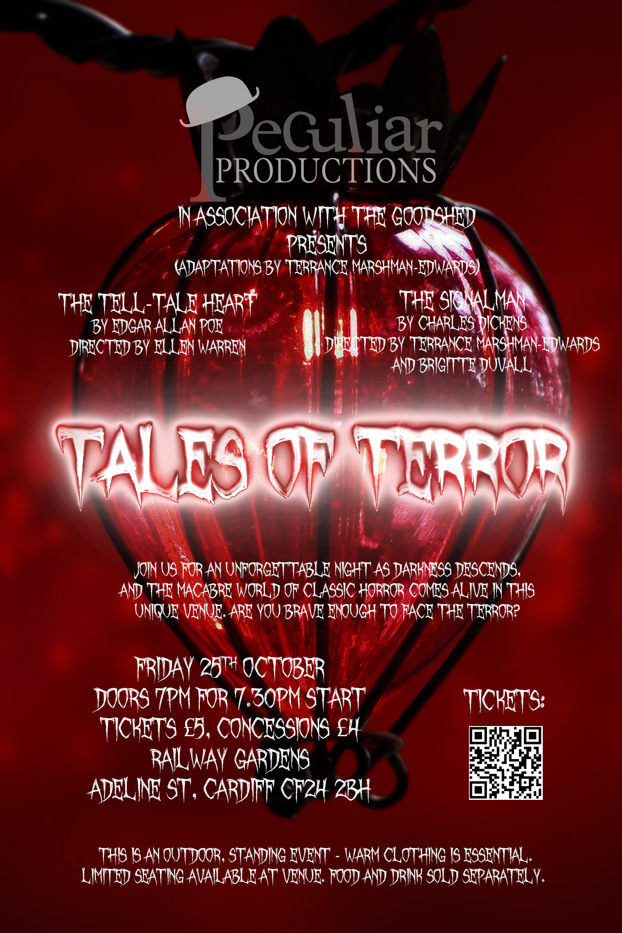 Poster for Tales of Terror in shades of red, white and black. Includes a QR code linking to the ticket tailor page. Information can be found in the text on this page.